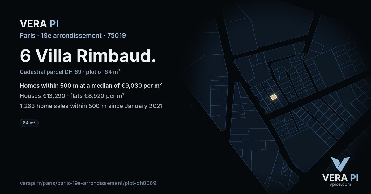 6 Villa Rimbaud, 19e arrondissement at night – the plot lit, the parcels around coloured by the prices near them