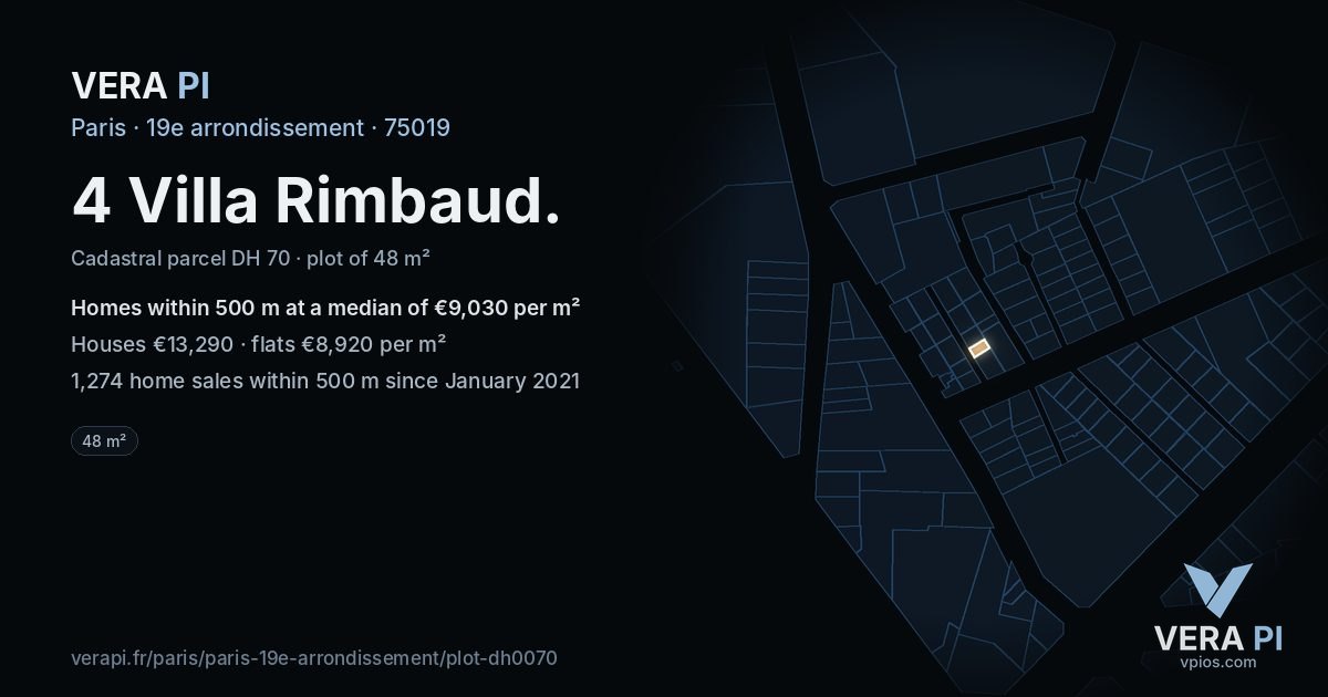 4 Villa Rimbaud, 19e arrondissement at night – the plot lit, the parcels around coloured by the prices near them