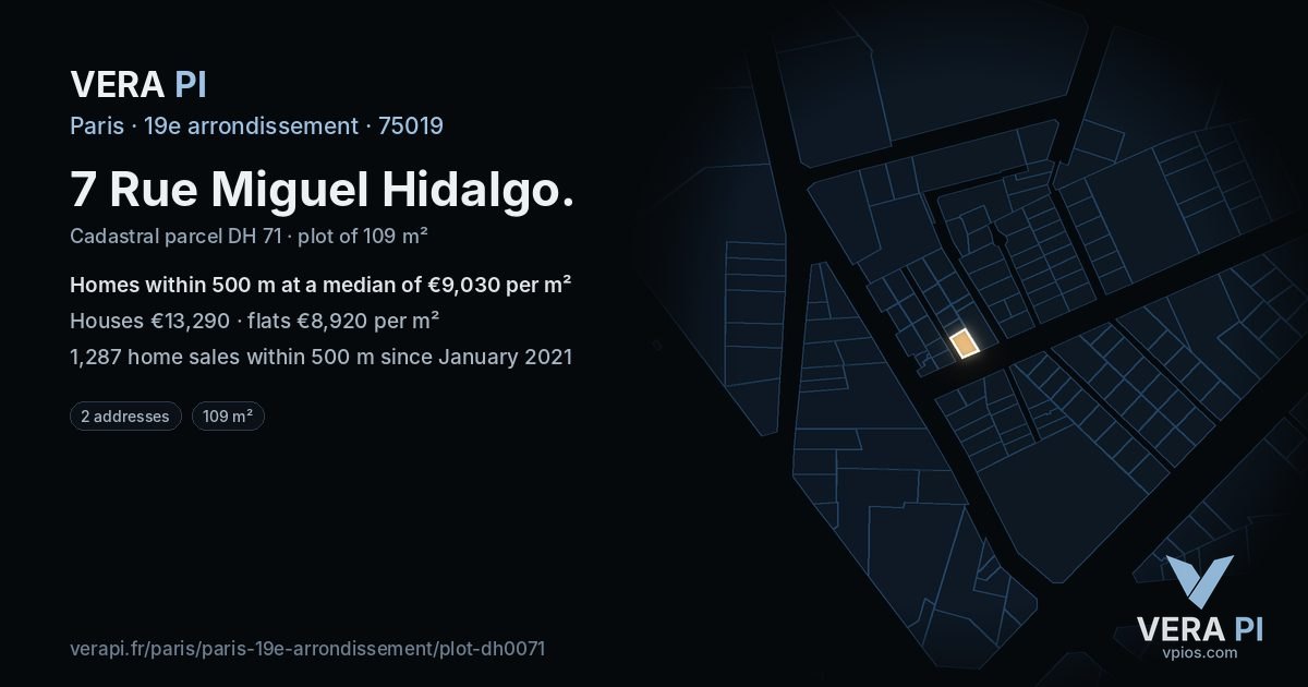 7 Rue Miguel Hidalgo, 19e arrondissement at night – the plot lit, the parcels around coloured by the prices near them