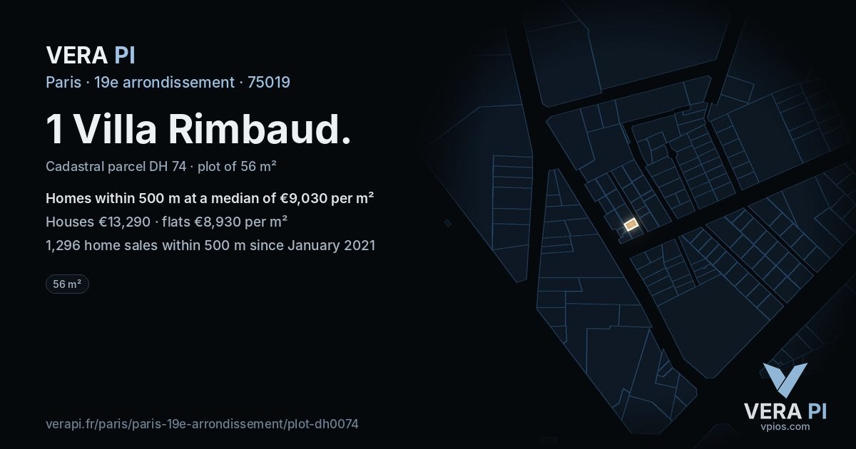 1 Villa Rimbaud, 19e arrondissement at night – the plot lit, the parcels around coloured by the prices near them
