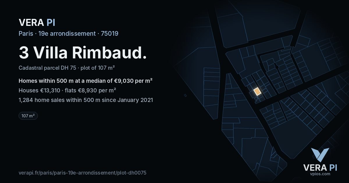 3 Villa Rimbaud, 19e arrondissement at night – the plot lit, the parcels around coloured by the prices near them