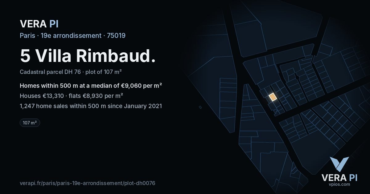 5 Villa Rimbaud, 19e arrondissement at night – the plot lit, the parcels around coloured by the prices near them