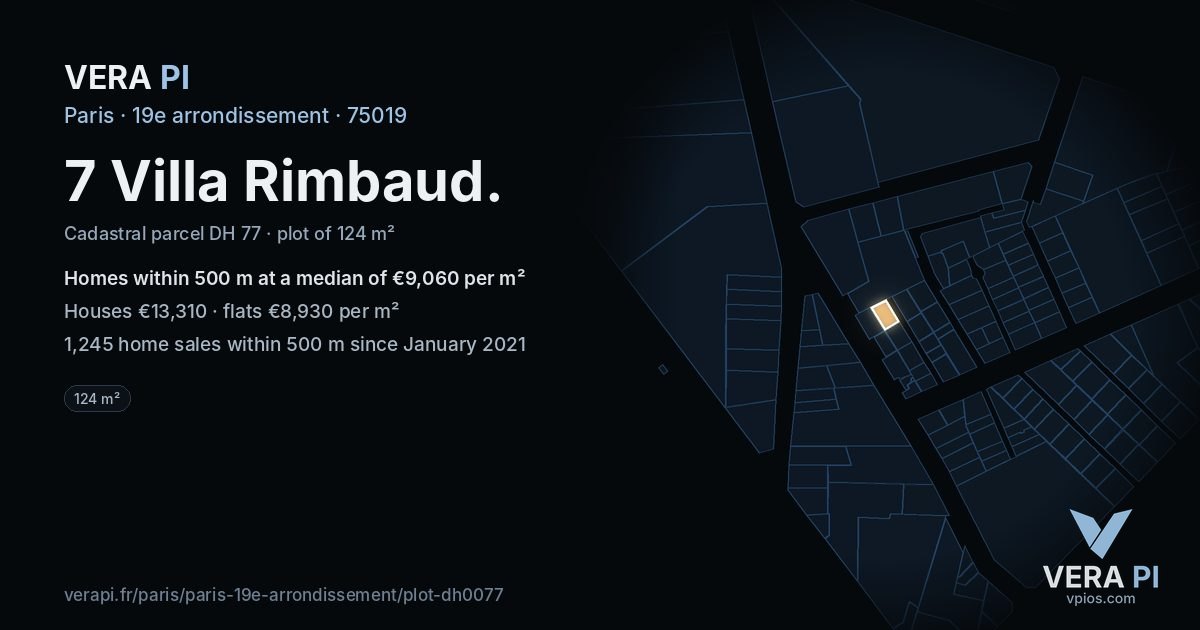 7 Villa Rimbaud, 19e arrondissement at night – the plot lit, the parcels around coloured by the prices near them