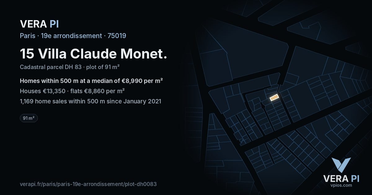 15 Villa Claude Monet, 19e arrondissement at night – the plot lit, the parcels around coloured by the prices near them
