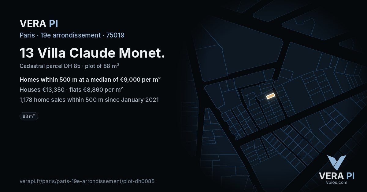 13 Villa Claude Monet, 19e arrondissement at night – the plot lit, the parcels around coloured by the prices near them