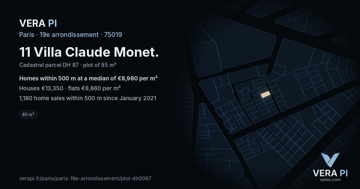 11 Villa Claude Monet, 19e arrondissement at night – the plot lit, the parcels around coloured by the prices near them
