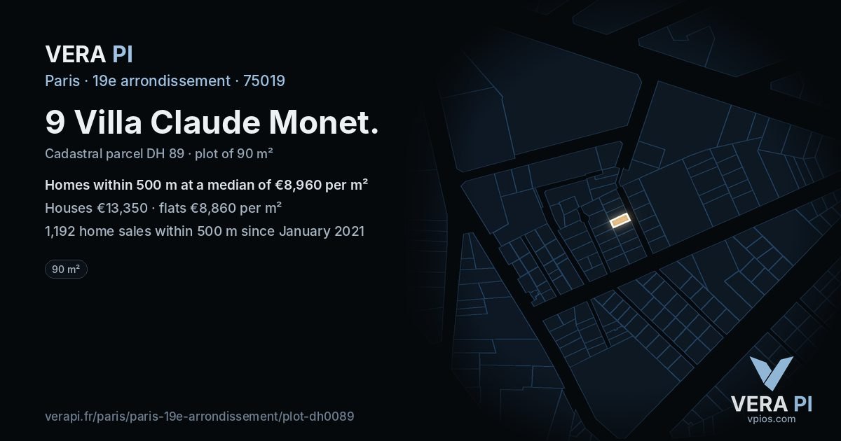 9 Villa Claude Monet, 19e arrondissement at night – the plot lit, the parcels around coloured by the prices near them