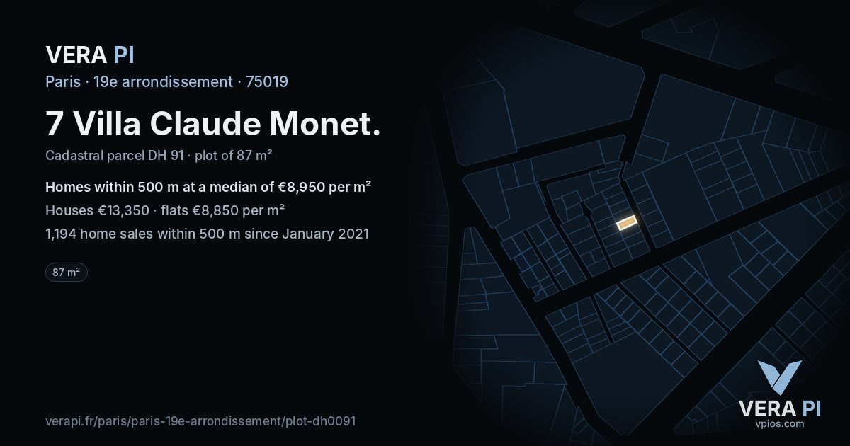 7 Villa Claude Monet, 19e arrondissement at night – the plot lit, the parcels around coloured by the prices near them
