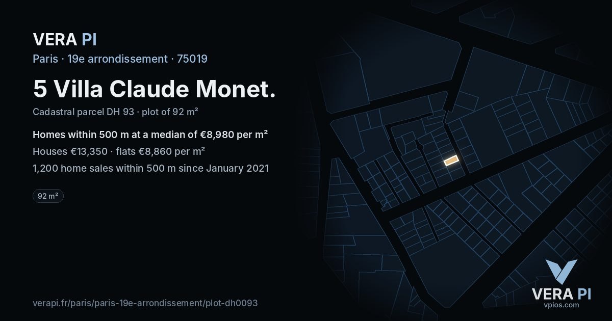 5 Villa Claude Monet, 19e arrondissement at night – the plot lit, the parcels around coloured by the prices near them