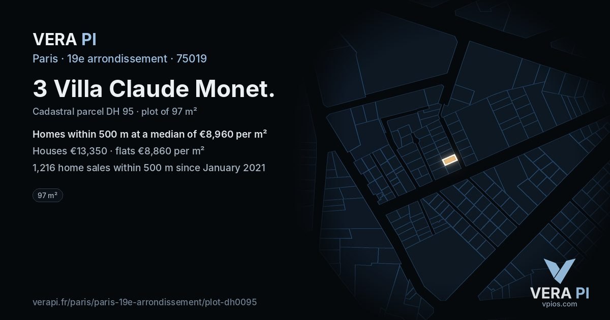 3 Villa Claude Monet, 19e arrondissement at night – the plot lit, the parcels around coloured by the prices near them
