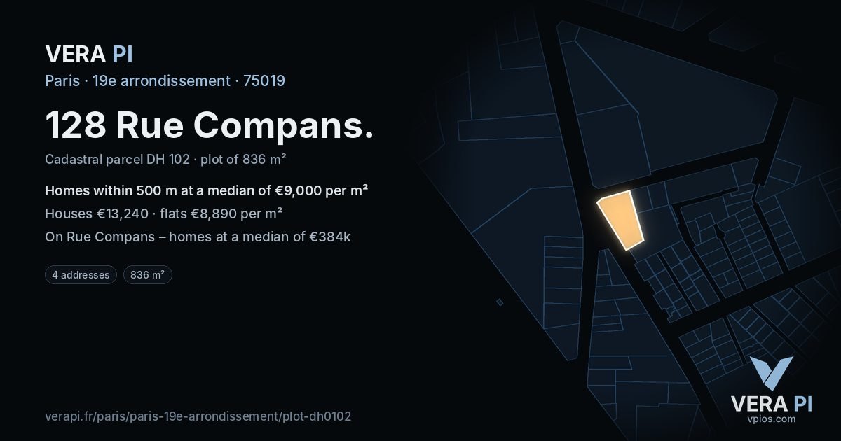 128 Rue Compans, 19e arrondissement at night – the plot lit, the parcels around coloured by the prices near them