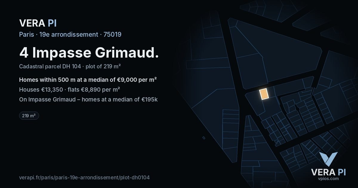 4 Impasse Grimaud, 19e arrondissement at night – the plot lit, the parcels around coloured by the prices near them