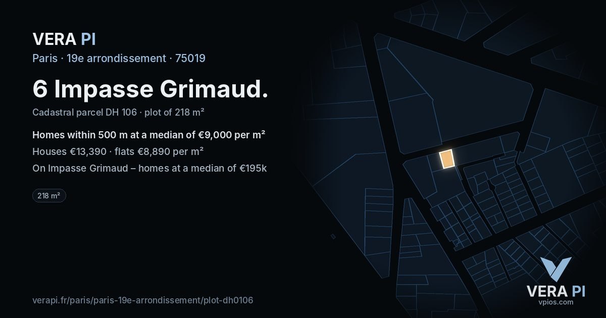 6 Impasse Grimaud, 19e arrondissement at night – the plot lit, the parcels around coloured by the prices near them