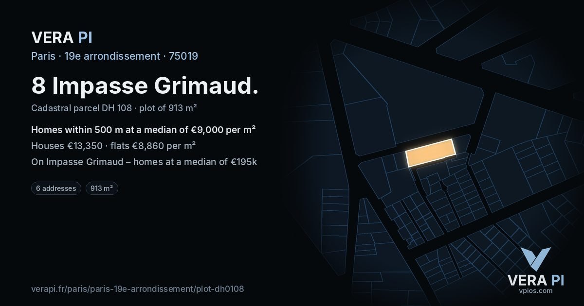 8 Impasse Grimaud, 19e arrondissement at night – the plot lit, the parcels around coloured by the prices near them