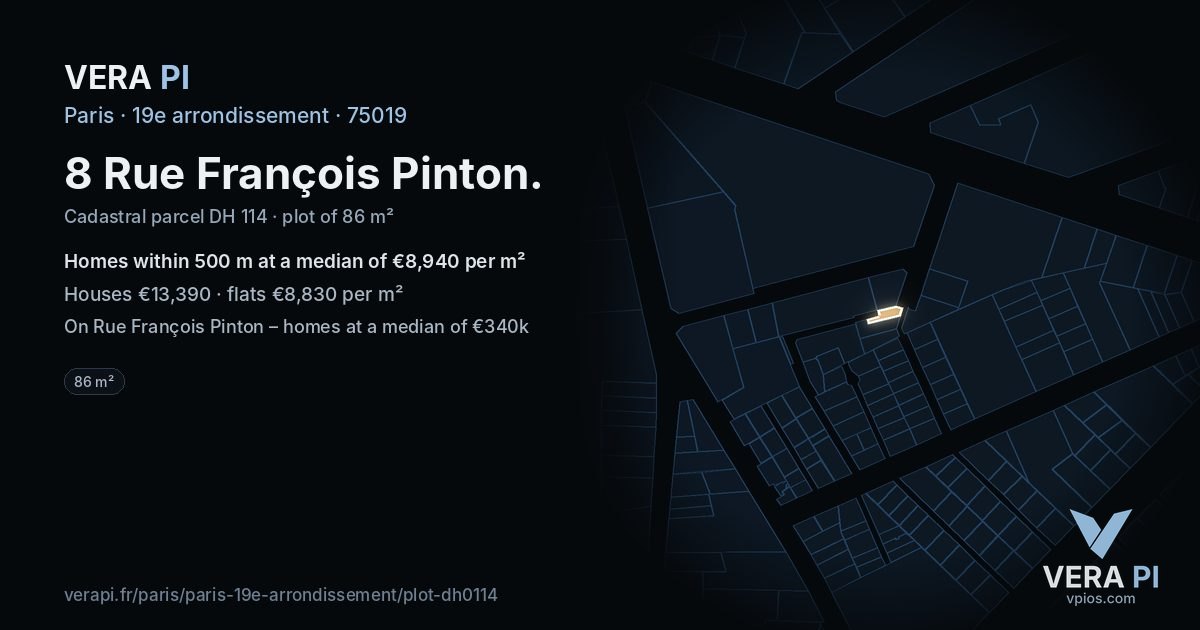 8 Rue François Pinton, 19e arrondissement at night – the plot lit, the parcels around coloured by the prices near them