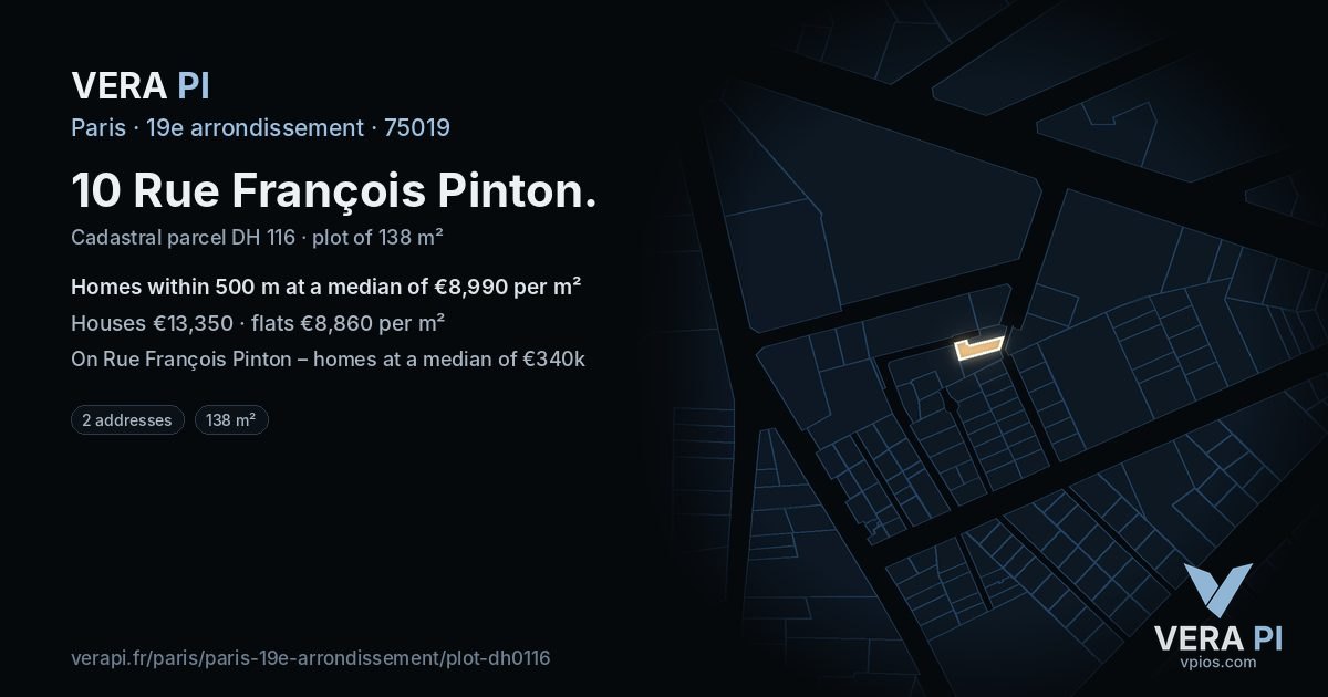 10 Rue François Pinton, 19e arrondissement at night – the plot lit, the parcels around coloured by the prices near them