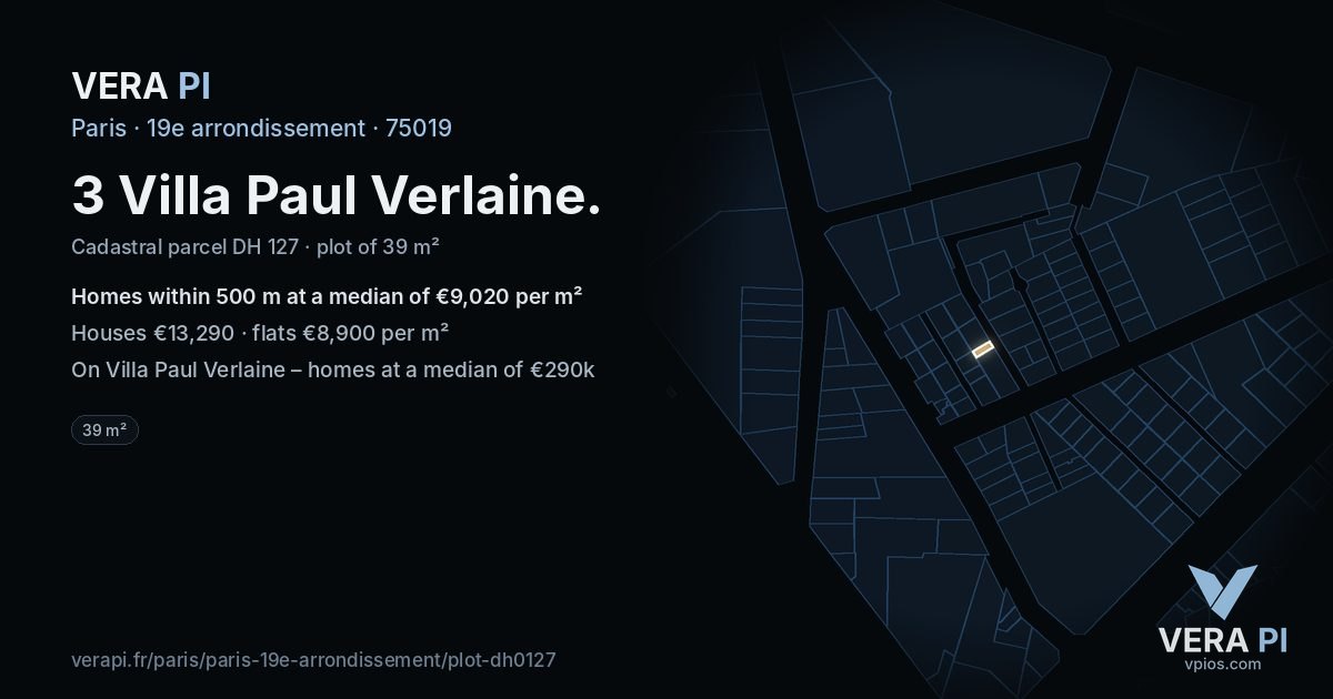 3 Villa Paul Verlaine, 19e arrondissement at night – the plot lit, the parcels around coloured by the prices near them