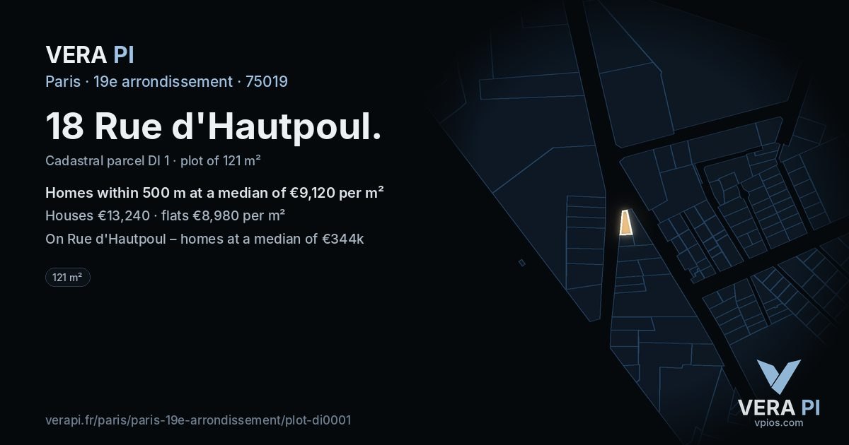 18 Rue d'Hautpoul, 19e arrondissement at night – the plot lit, the parcels around coloured by the prices near them