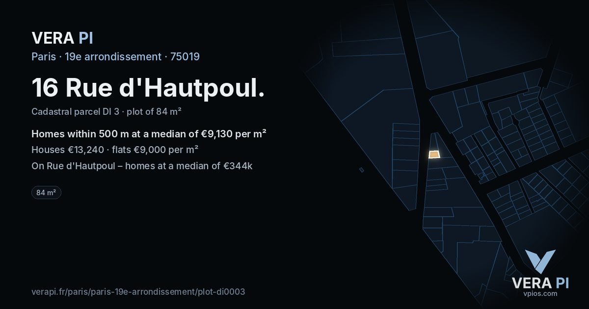 16 Rue d'Hautpoul, 19e arrondissement at night – the plot lit, the parcels around coloured by the prices near them