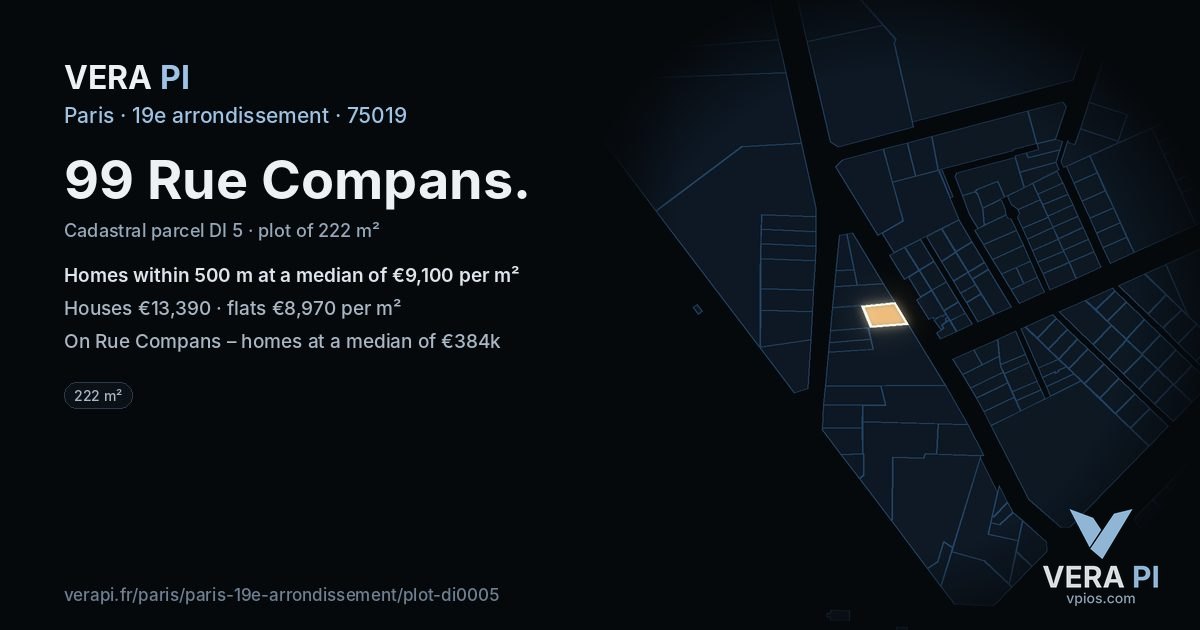 99 Rue Compans, 19e arrondissement at night – the plot lit, the parcels around coloured by the prices near them