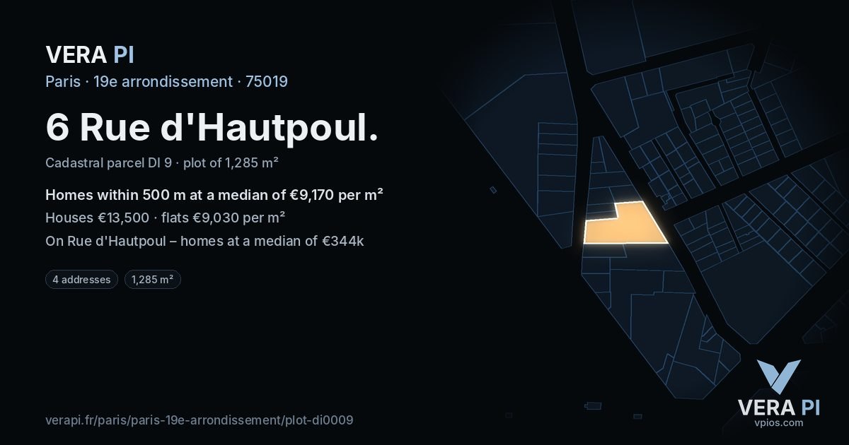 6 Rue d'Hautpoul, 19e arrondissement at night – the plot lit, the parcels around coloured by the prices near them
