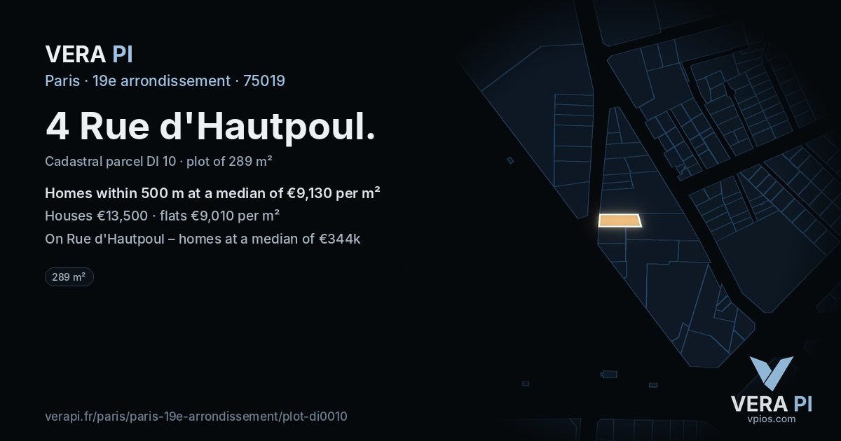 4 Rue d'Hautpoul, 19e arrondissement at night – the plot lit, the parcels around coloured by the prices near them