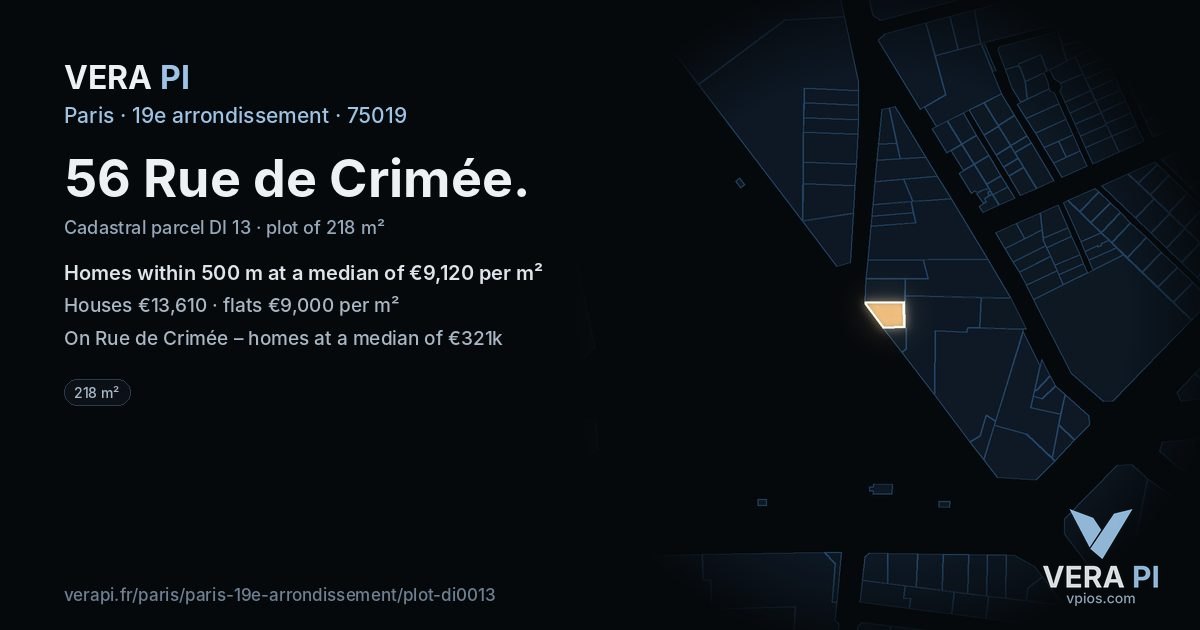 56 Rue de Crimée, 19e arrondissement at night – the plot lit, the parcels around coloured by the prices near them