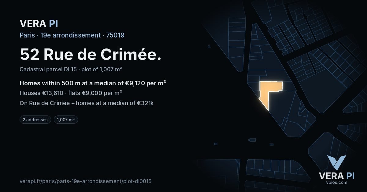 52 Rue de Crimée, 19e arrondissement at night – the plot lit, the parcels around coloured by the prices near them