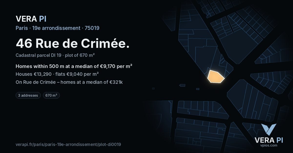 46 Rue de Crimée, 19e arrondissement at night – the plot lit, the parcels around coloured by the prices near them