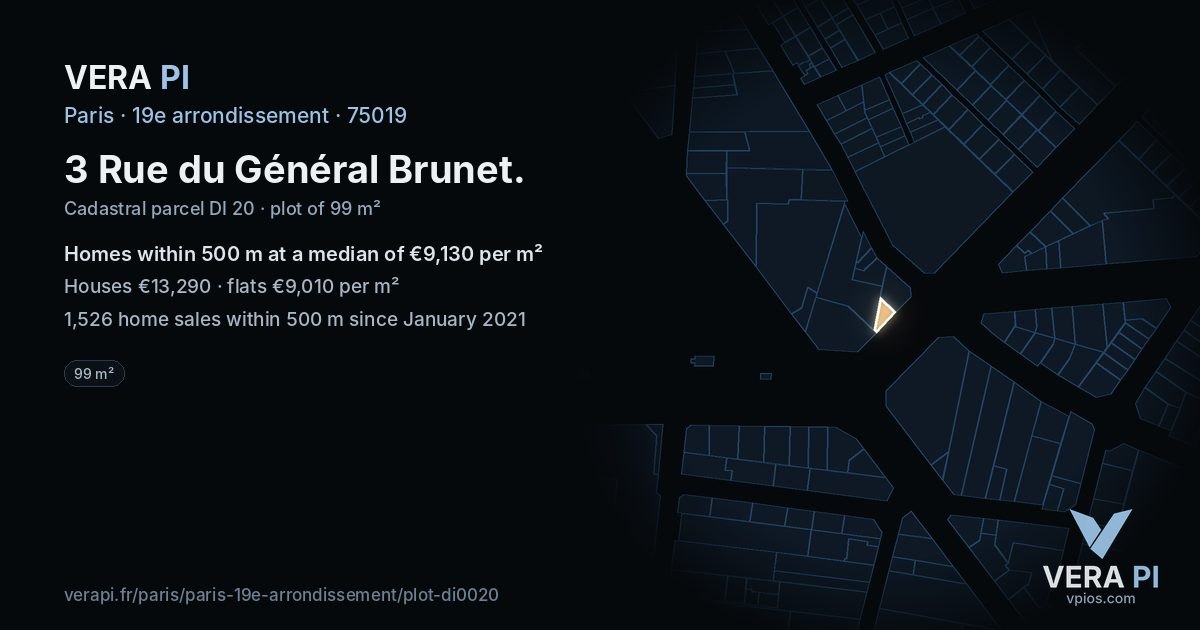 3 Rue du Général Brunet, 19e arrondissement at night – the plot lit, the parcels around coloured by the prices near them