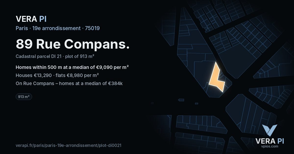 89 Rue Compans, 19e arrondissement at night – the plot lit, the parcels around coloured by the prices near them