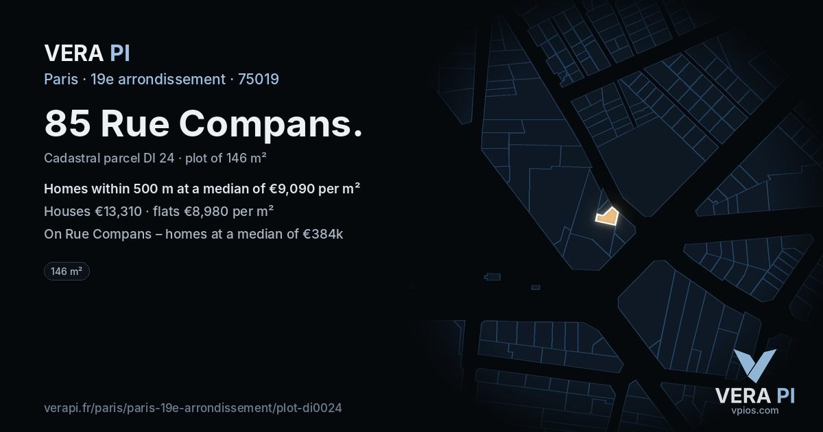 85 Rue Compans, 19e arrondissement at night – the plot lit, the parcels around coloured by the prices near them