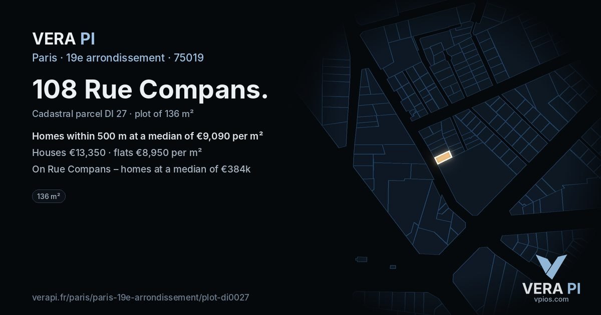 108 Rue Compans, 19e arrondissement at night – the plot lit, the parcels around coloured by the prices near them