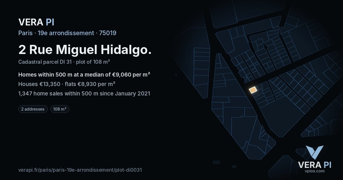 2 Rue Miguel Hidalgo, 19e arrondissement at night – the plot lit, the parcels around coloured by the prices near them