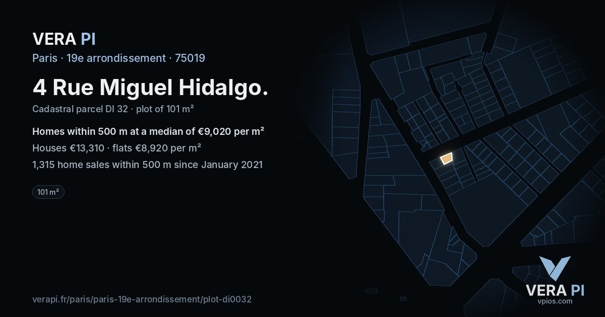 4 Rue Miguel Hidalgo, 19e arrondissement at night – the plot lit, the parcels around coloured by the prices near them