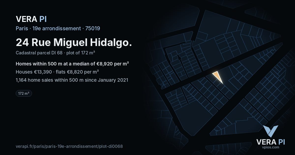 24 Rue Miguel Hidalgo, 19e arrondissement at night – the plot lit, the parcels around coloured by the prices near them