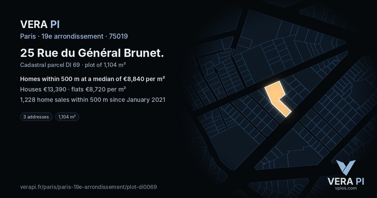 25 Rue du Général Brunet, 19e arrondissement at night – the plot lit, the parcels around coloured by the prices near them