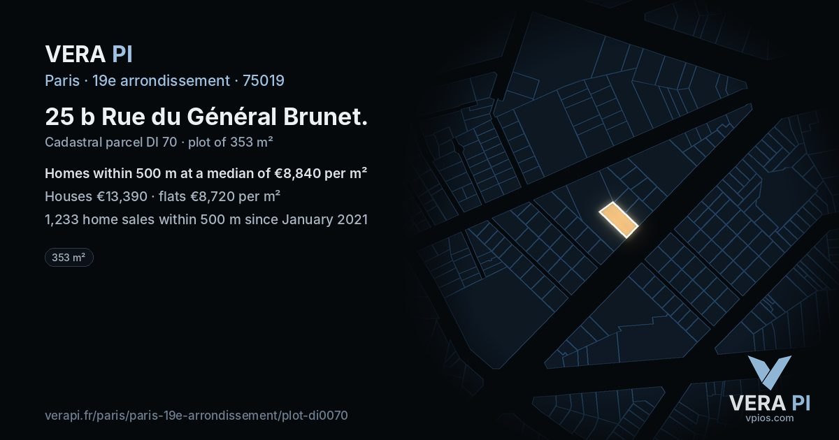 25 b Rue du Général Brunet, 19e arrondissement at night – the plot lit, the parcels around coloured by the prices near them