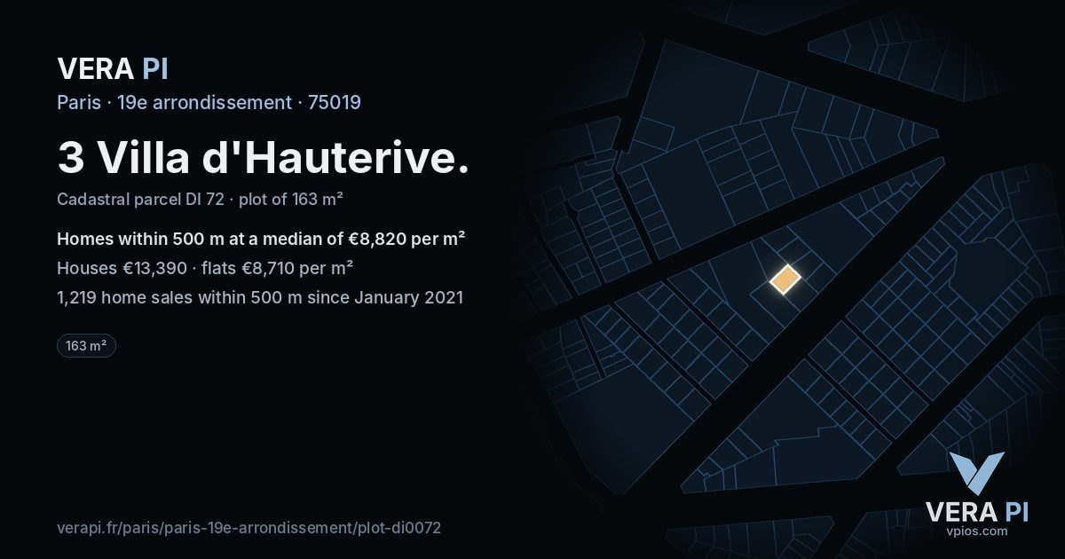 3 Villa d'Hauterive, 19e arrondissement at night – the plot lit, the parcels around coloured by the prices near them