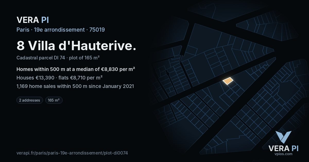 8 Villa d'Hauterive, 19e arrondissement at night – the plot lit, the parcels around coloured by the prices near them