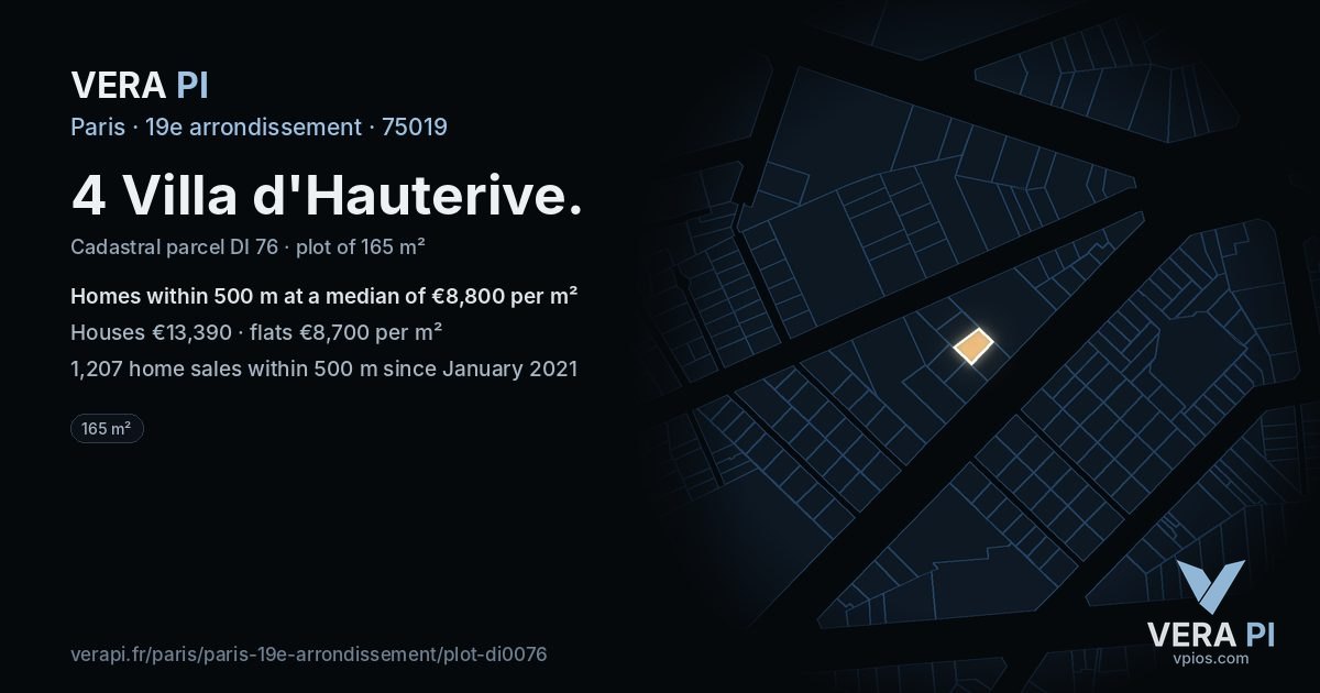 4 Villa d'Hauterive, 19e arrondissement at night – the plot lit, the parcels around coloured by the prices near them