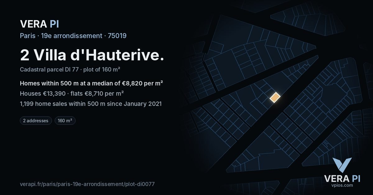 2 Villa d'Hauterive, 19e arrondissement at night – the plot lit, the parcels around coloured by the prices near them