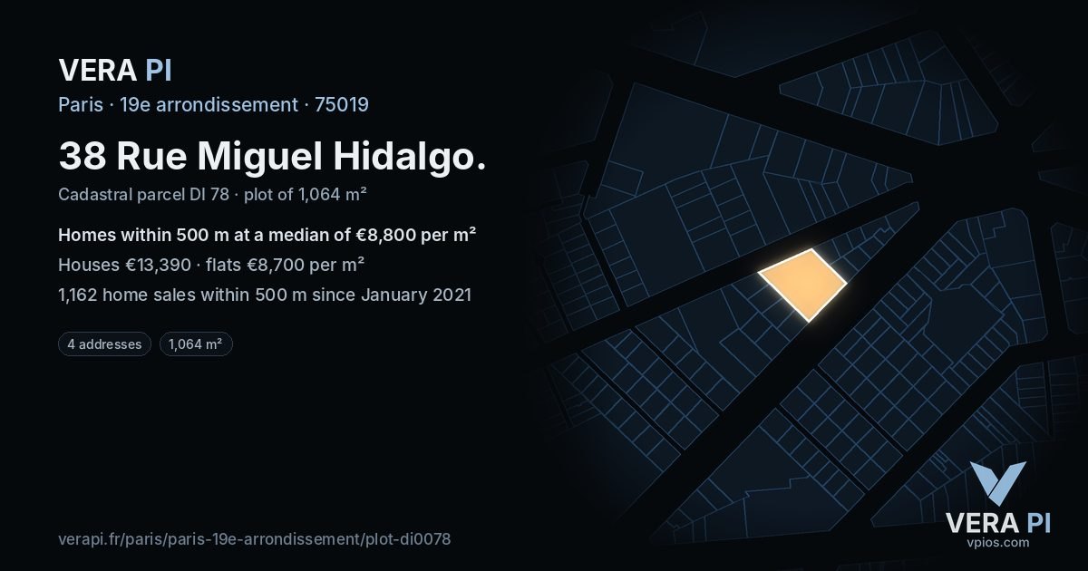 38 Rue Miguel Hidalgo, 19e arrondissement at night – the plot lit, the parcels around coloured by the prices near them