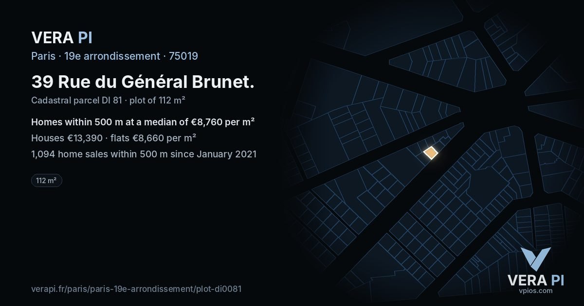 39 Rue du Général Brunet, 19e arrondissement at night – the plot lit, the parcels around coloured by the prices near them