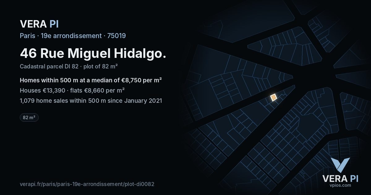 46 Rue Miguel Hidalgo, 19e arrondissement at night – the plot lit, the parcels around coloured by the prices near them