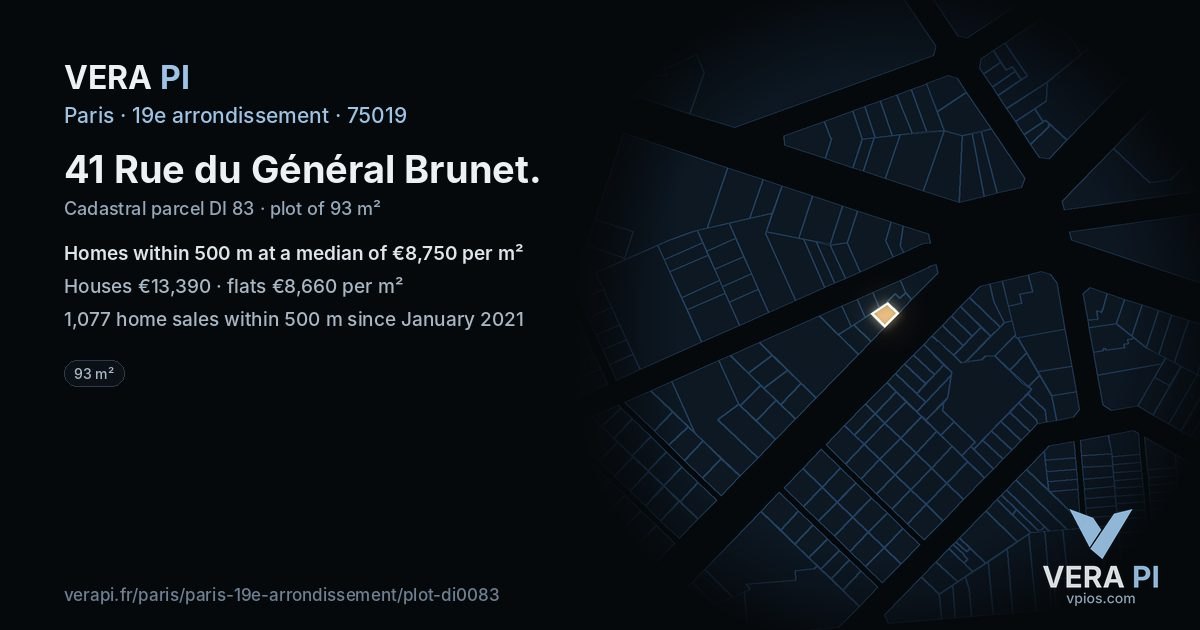 41 Rue du Général Brunet, 19e arrondissement at night – the plot lit, the parcels around coloured by the prices near them
