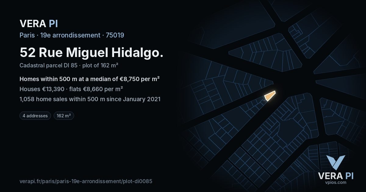 52 Rue Miguel Hidalgo, 19e arrondissement at night – the plot lit, the parcels around coloured by the prices near them