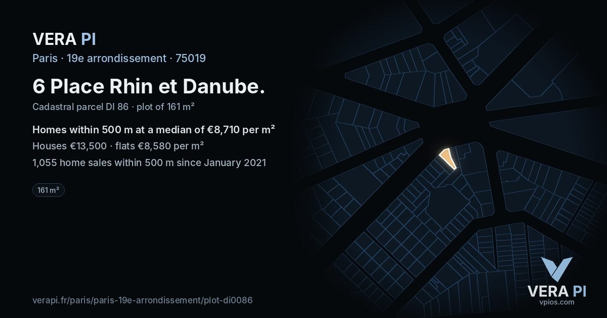 6 Place Rhin et Danube, 19e arrondissement at night – the plot lit, the parcels around coloured by the prices near them
