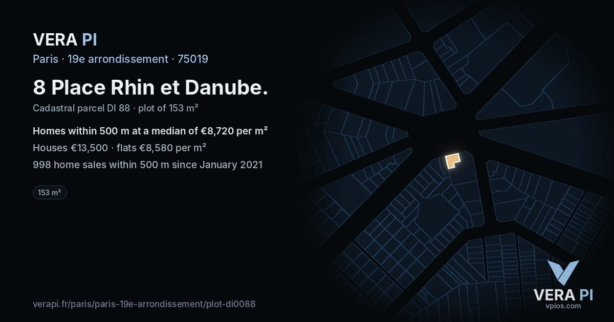 8 Place Rhin et Danube, 19e arrondissement at night – the plot lit, the parcels around coloured by the prices near them