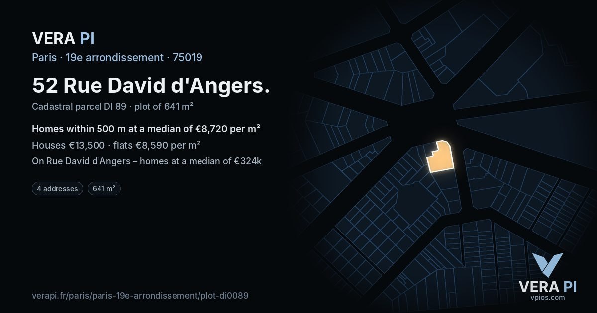 52 Rue David d'Angers, 19e arrondissement at night – the plot lit, the parcels around coloured by the prices near them